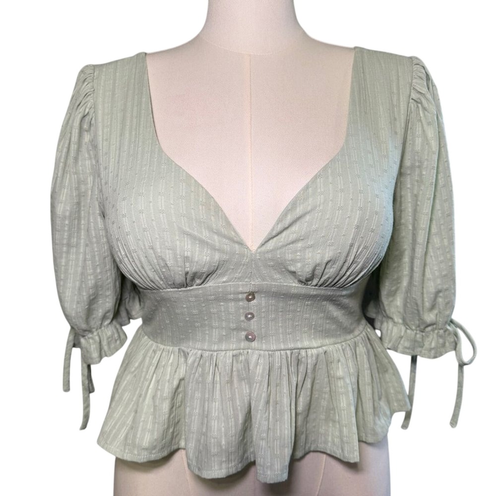 Altar'd State Mint Green Peplum Puff Sleeve Tie‎ Back Crop Top Blouse Shirt L